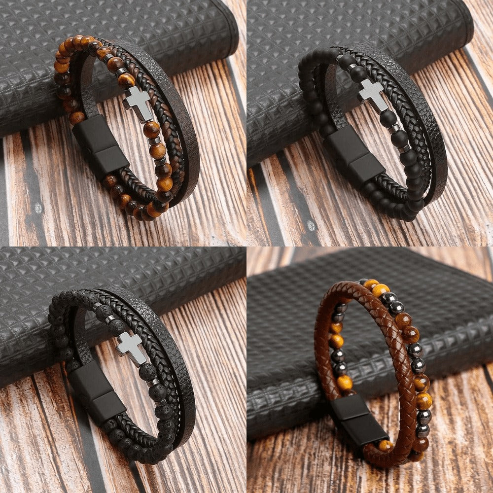 Hochwertiges Lederarmband für Männer - Stilvolles Bling mit Edelsteinen und Charms